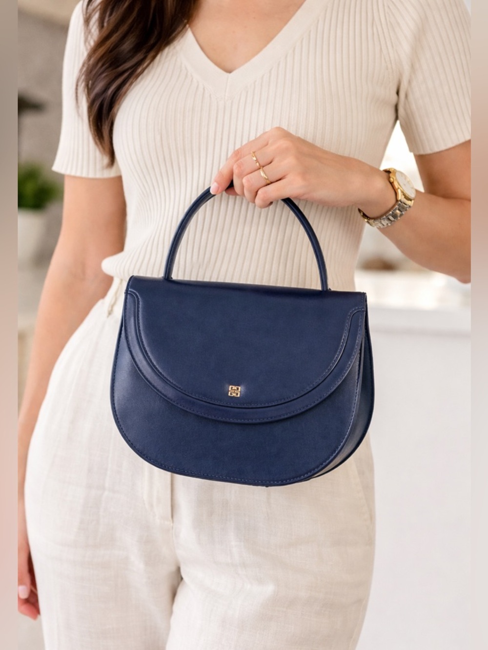 Vintage Givenchy Navy Leather Top Handle Bag Structured Designer Handbag Italy - Picture 4 of 17